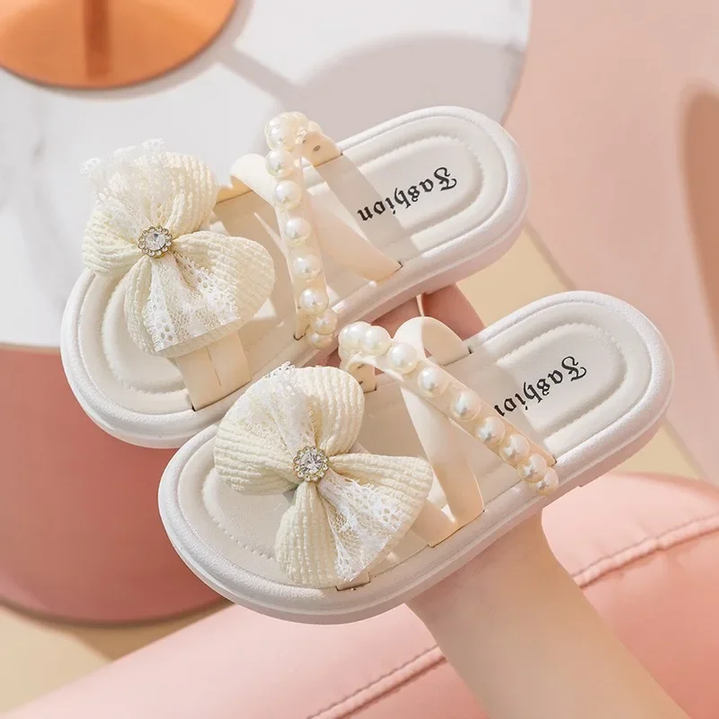 

Roman Slide Sandalia Cute Bow Pearl Slippers Girls Summer Indoor Home Bath Non-Slip Sandals Children Princess Flat Beach Shoes