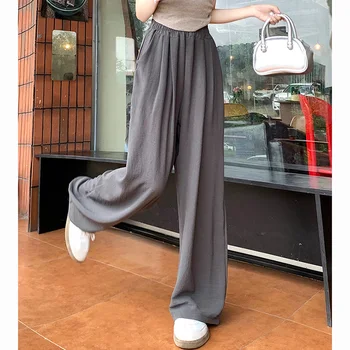 Summer Women Sweet Colorful Ice Silk Pants Lady Baggy Versatile Elastic Straight Leg Trousers Female Wide Leg High Waisted Pants 5