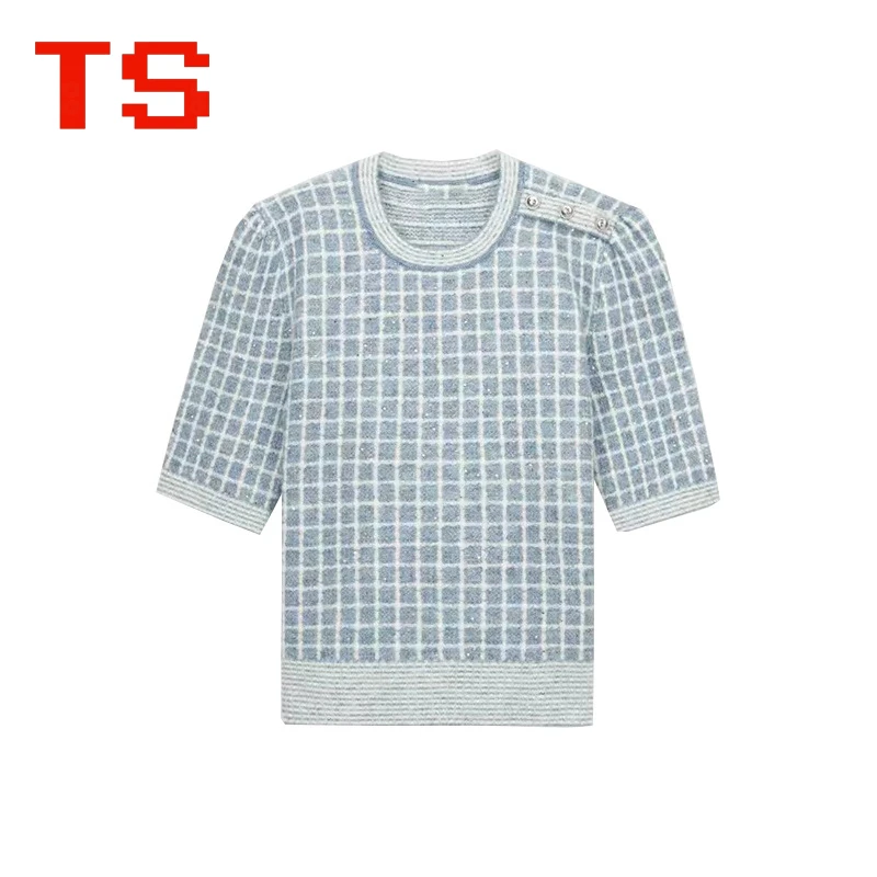 

Blue Knit Pullover 2023 Early Fall New Women's French Round Neck Commuter Plaid Children's Sequins Short-sleeved T-shirt