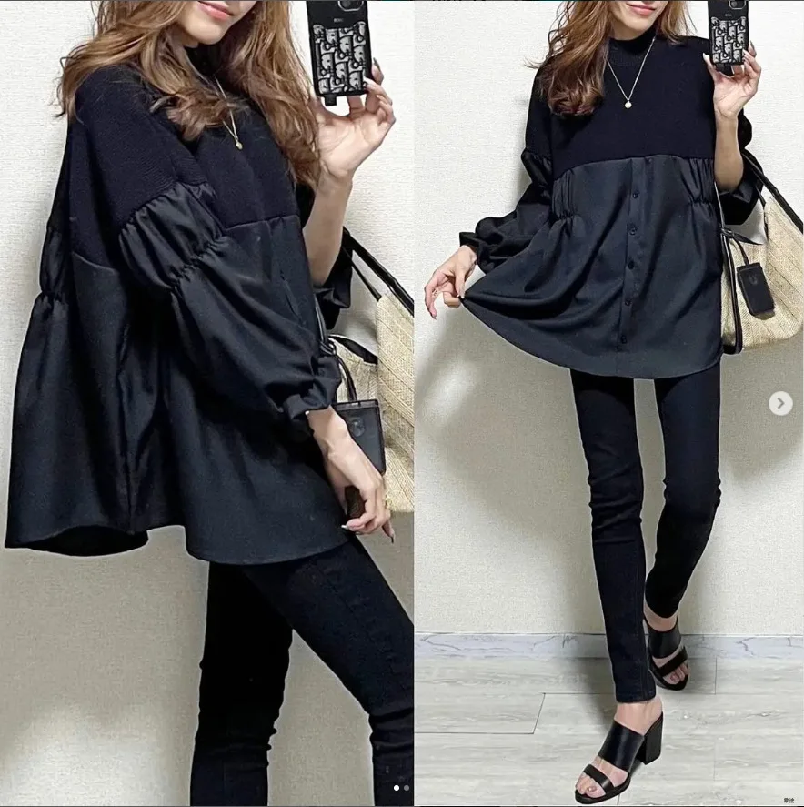 

Women's Casual Blouse 2023 New Spring Autumn Half High Neck Knitted Spliced Doll Top Japanese Style Female Loose Shirt Black