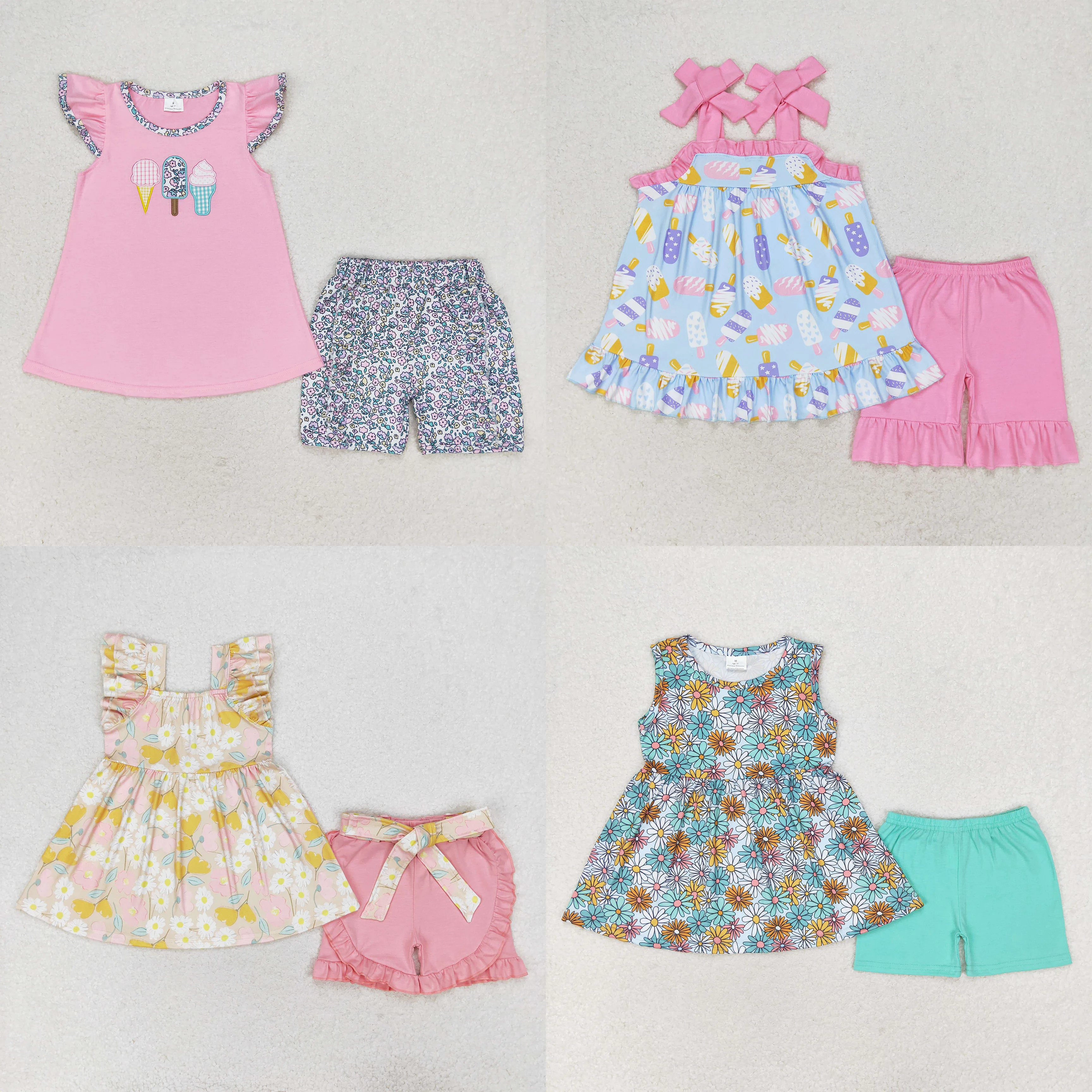 

Wholesale Baby Girl Summer Flower Two Pieces Set Toddler Kids Floral Tunic Tops Shorts Children Infant Cotton Outfit