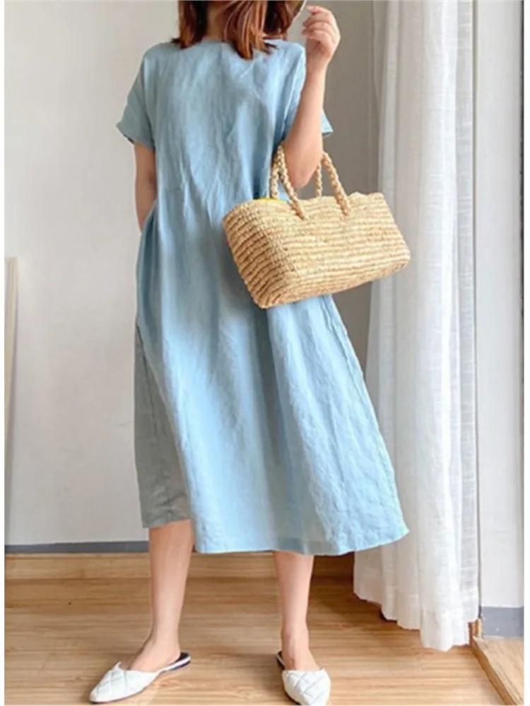 Summer Casual Loose Solid Color Cotton And Linen Dress For Women Short  Sleeve O Neck Comfortable Elegant Long Dresses Robe - AliExpress