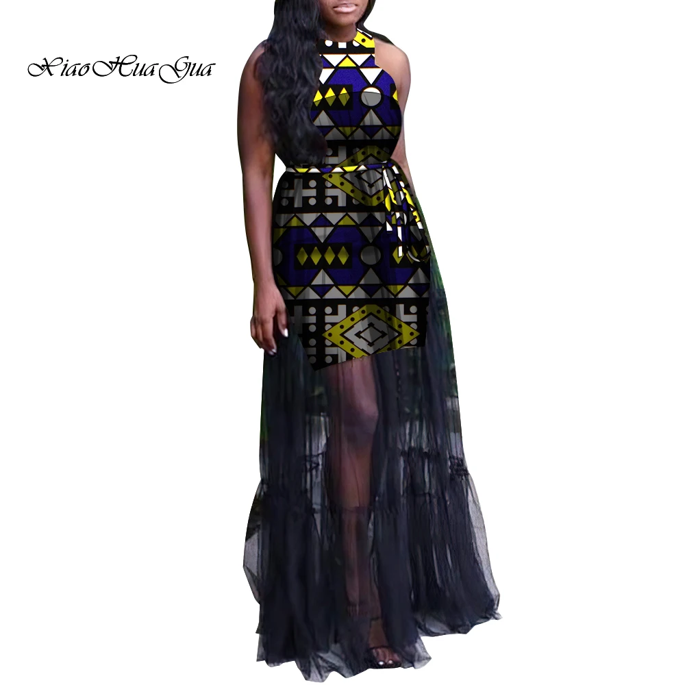 

African Dresses for Women Bazin Riche Print Wax Gauze Dress Maxi Sleeveless Dress Party Women African Clothing Plus Size WY9504