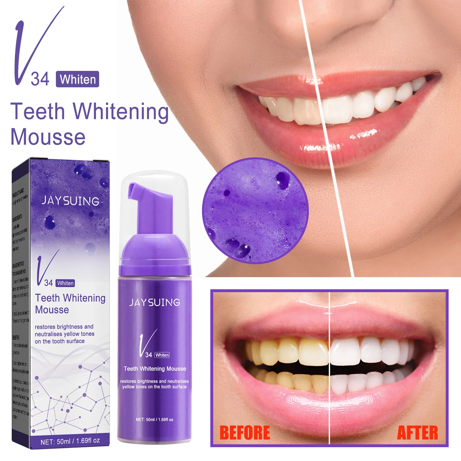 

V34 Teeth Whitening Mousse Deep Cleaning Cigarette Stains Repair Bright Neutralizes Yellow Tones Dental Plaque Fresh Breath 50ml