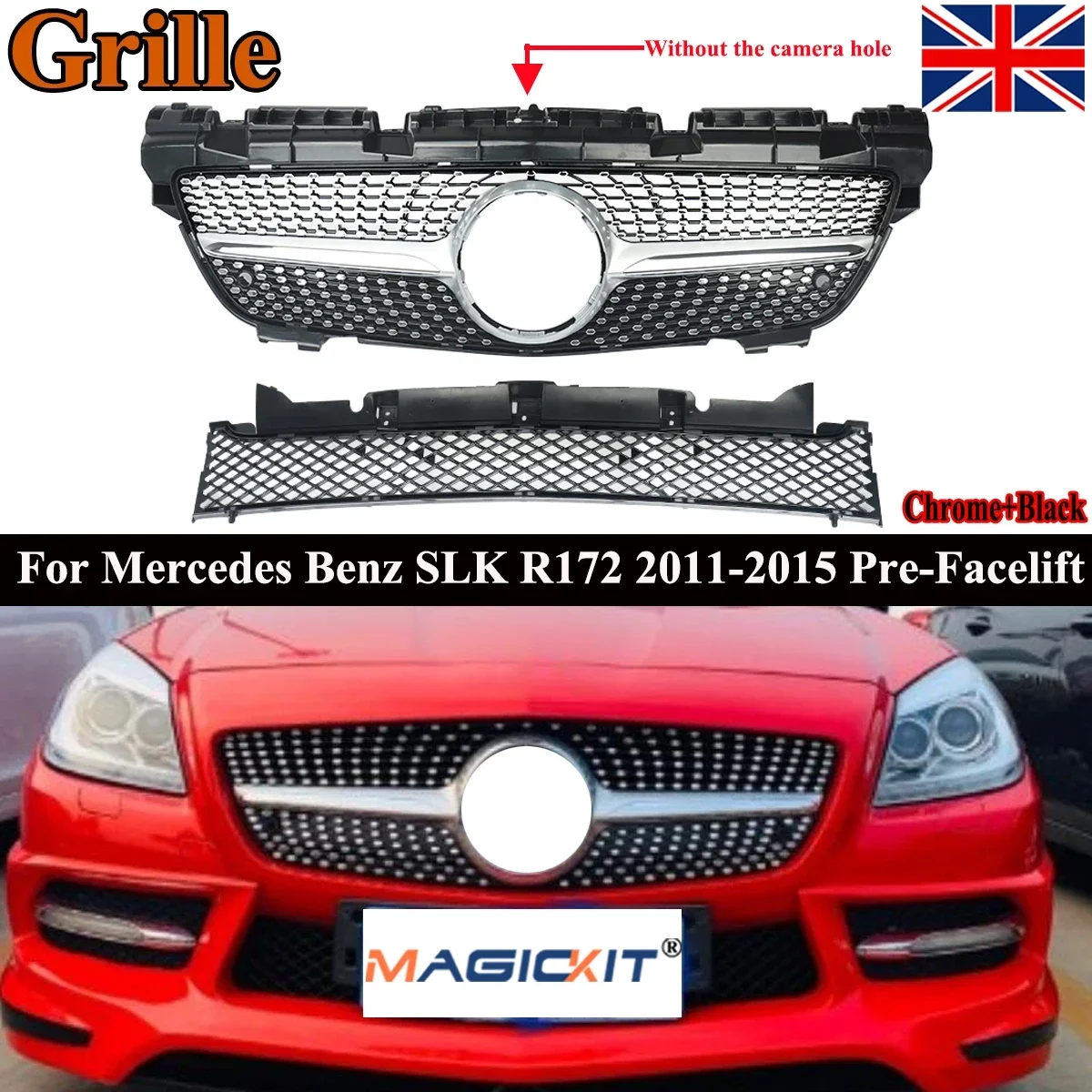 Magickit Per Benz R172 Slk Classe 200 Slk300 Diamond Look Griglia Di Ingresso Anteriore Cappa Da Corsa Griglia Paraurti In Rete 2012-2016 Argento