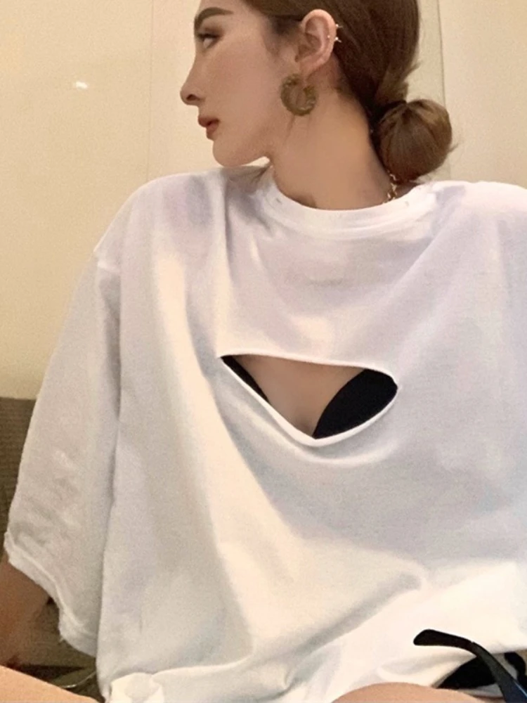 

Real Shot Summer 2022 New Lazy Loose Design Hole Casual Mid-length T-shirt Top Trend woman tshirts