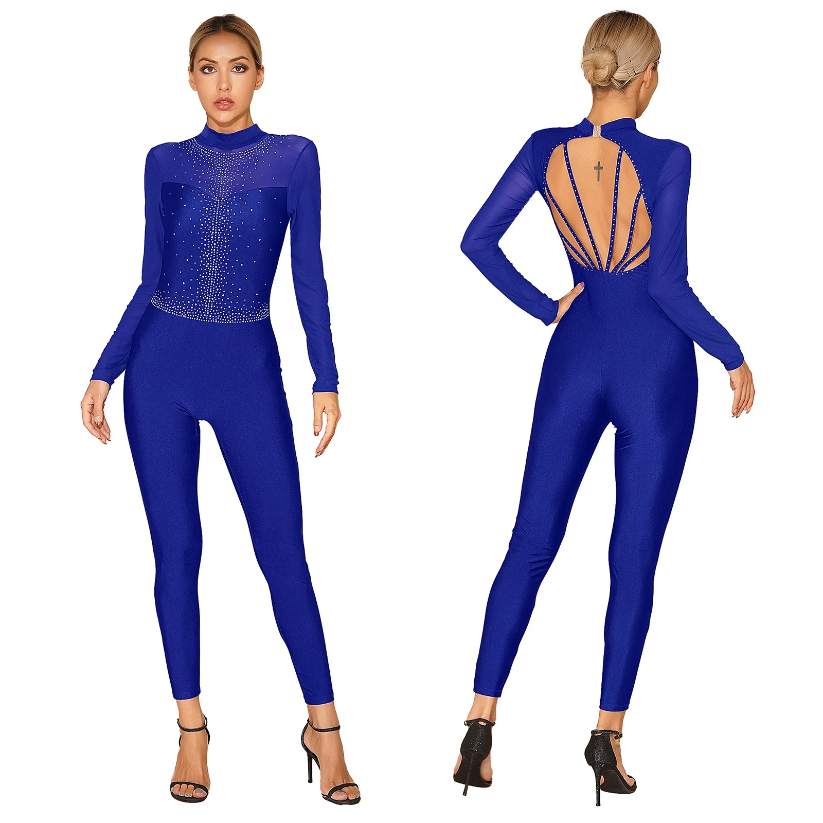 thumbnail image 1 of Monos de gimnasia para mujer, monos de baile, Ballet, baile, bailarina adulta, Ropa de baile, mono de manga larga con diamantes de imitación brillantes, 1 of 5