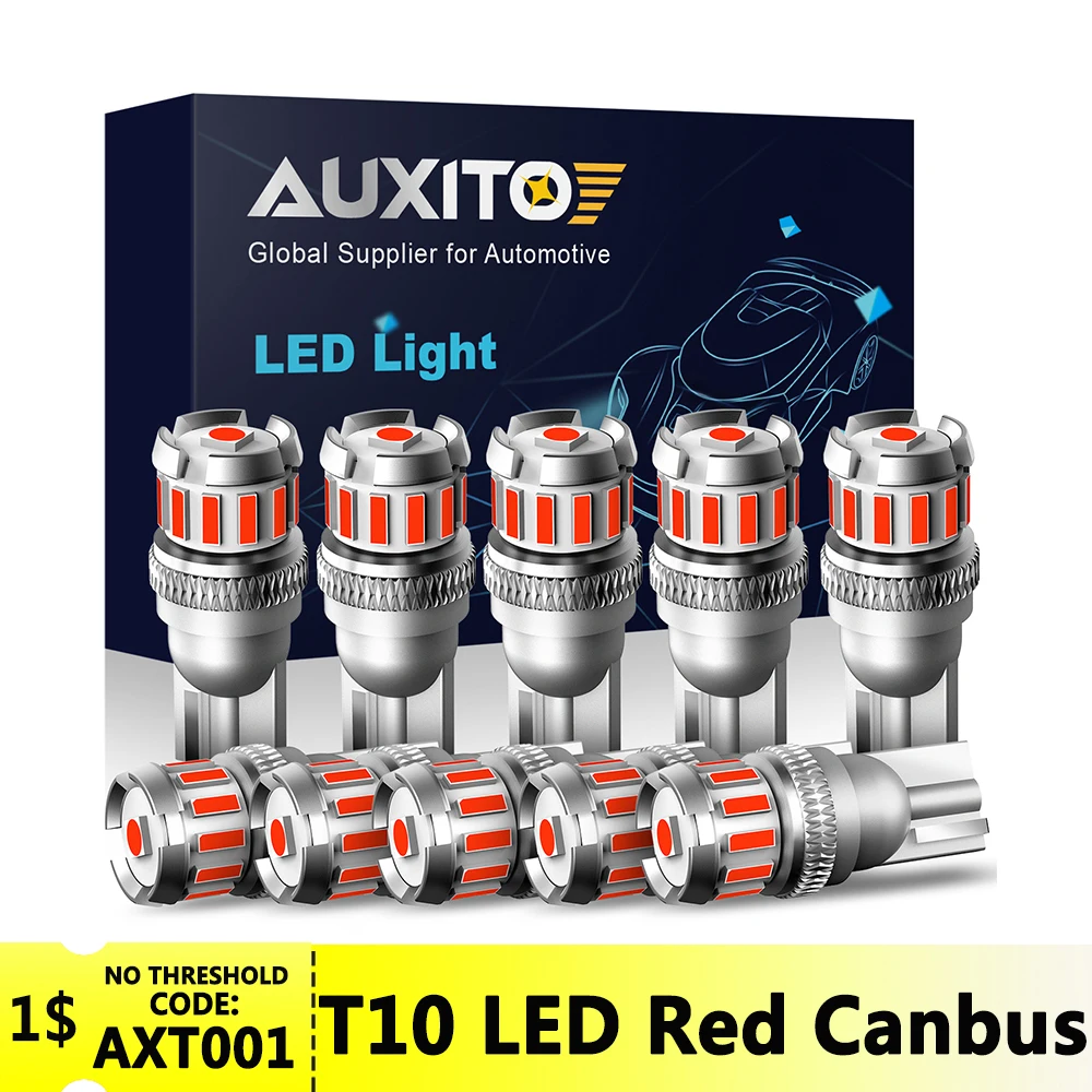 

AUXITO 10 шт. T10 W5W светодиодный Red Canbus без ошибок, автомобильная панель, Освещение номерного знака, боковой маркер багажника, внутренняя лампа 12 В, белый, синий, желтый