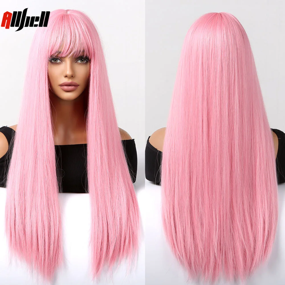 

Long Straight Synthetic Wigs Pink Cosplay Wig with Bangs for Afro Women Lolita Daily Party Wig Natural Hair Heat Resistant Fiber