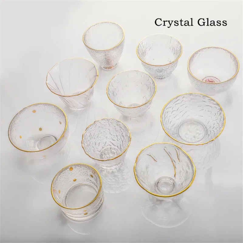 Japanese Glass Tea Cup with Gold Rim, Kung Fu Accessories, Small Teacup, Crystal Teaware Set, Tea Bowl, Cute Cup for Puer Wine