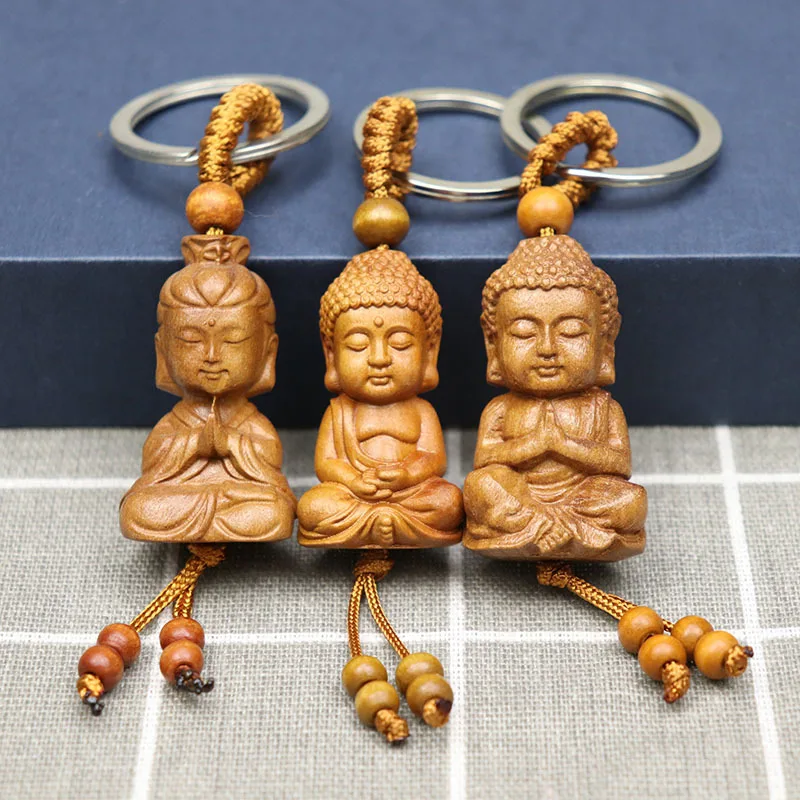 Trend Peach Wood Keys Chain Buddha Shakyamuni Key Chain Ring Guanyin Bodhisattva Wooden Key Chains Tathagata Buddhist Monk Gift creative lanyard card holder student hanging neck phone lanyard badge subway access card holder accessories kids keys ring