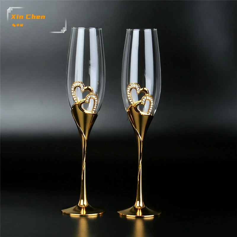 

2Pcs/Set Wedding Crystal Champagne Glasses Gold Metal Stand Flutes Wine Glasses Goblet Party Lovers Valentine's Day Gifts CUP