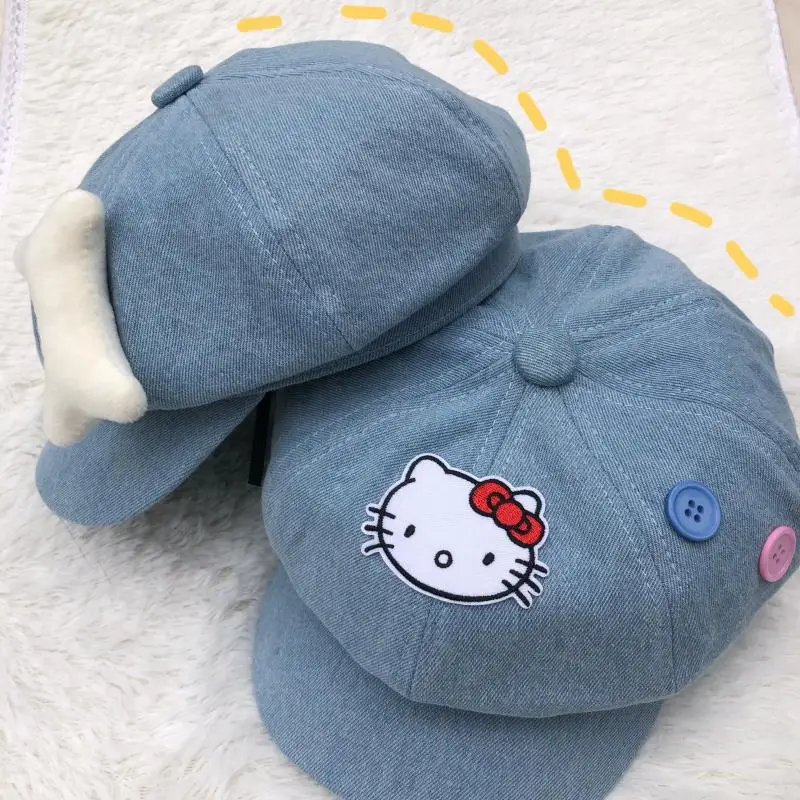 

Sanrio Kawaii Peripherals Pochacco Hello Kitty Denim Beret Octagonal Hat Y2K Hot Girl Face Small Sun Hat Fashion Matching
