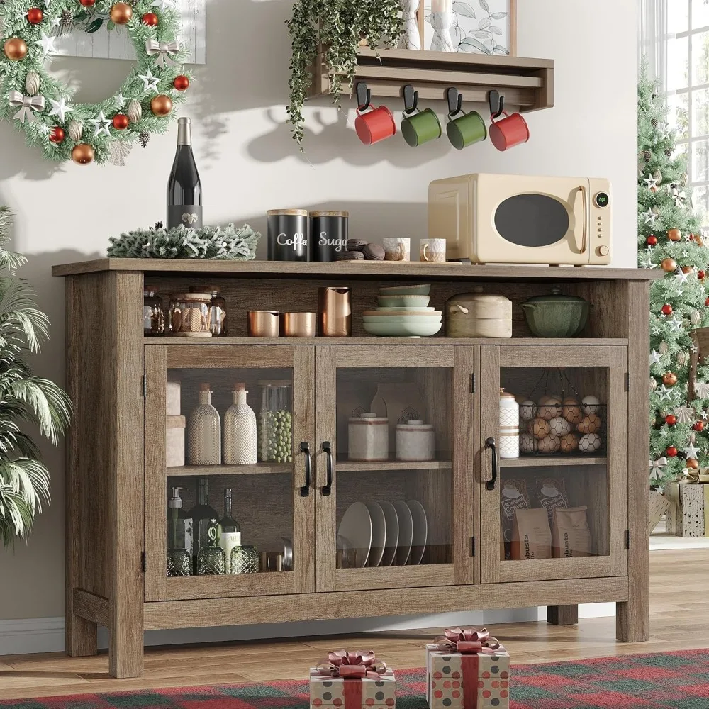 Sideboard Buffet Cabinet with Storage and 3 Glass Door, 55.5 Vintage Kitchen Storage Cabinet Buffets & Sideboards 1