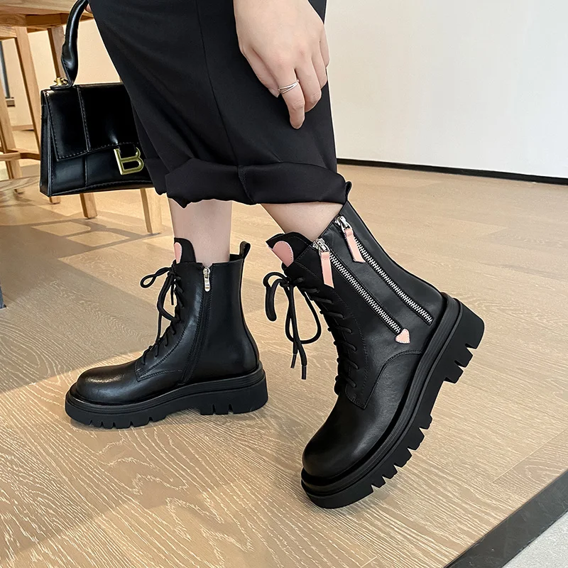 

2023 new autumn winter women ankle boots natural leather 22-25cm cowhide upper short boots side zip thick heel modern boots