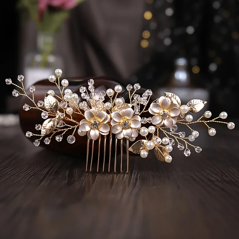 Handmade Gold Color Flower Hair Comb Pearl Rhinestone Flower Hair Accessories For Women Bride Wedding Accessories Tiara Headband