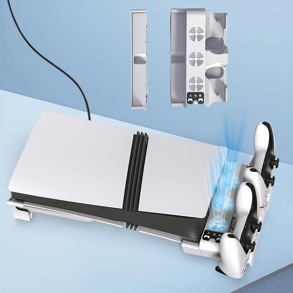 Horizontal Stand and Cooling Station W/ USB Hub with Three Adjustable-speed Fans port Charger for PS5 Slim/PS5 Pro Disc & Digita