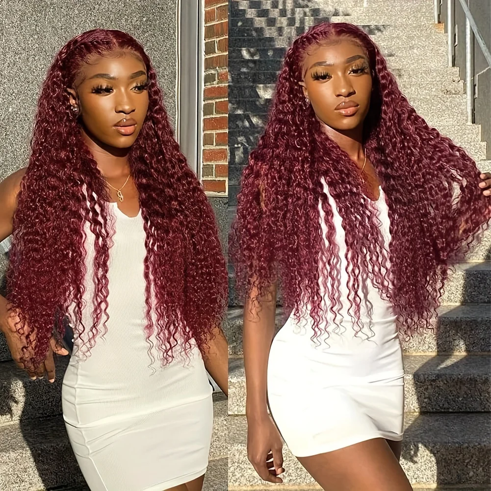 250%Density 99J 13x4 HD Lace Frontal Wig For Women Pre Plucked Burgundy Curly HD Lace Front Human Hair Wigs 99J Red Colored 6