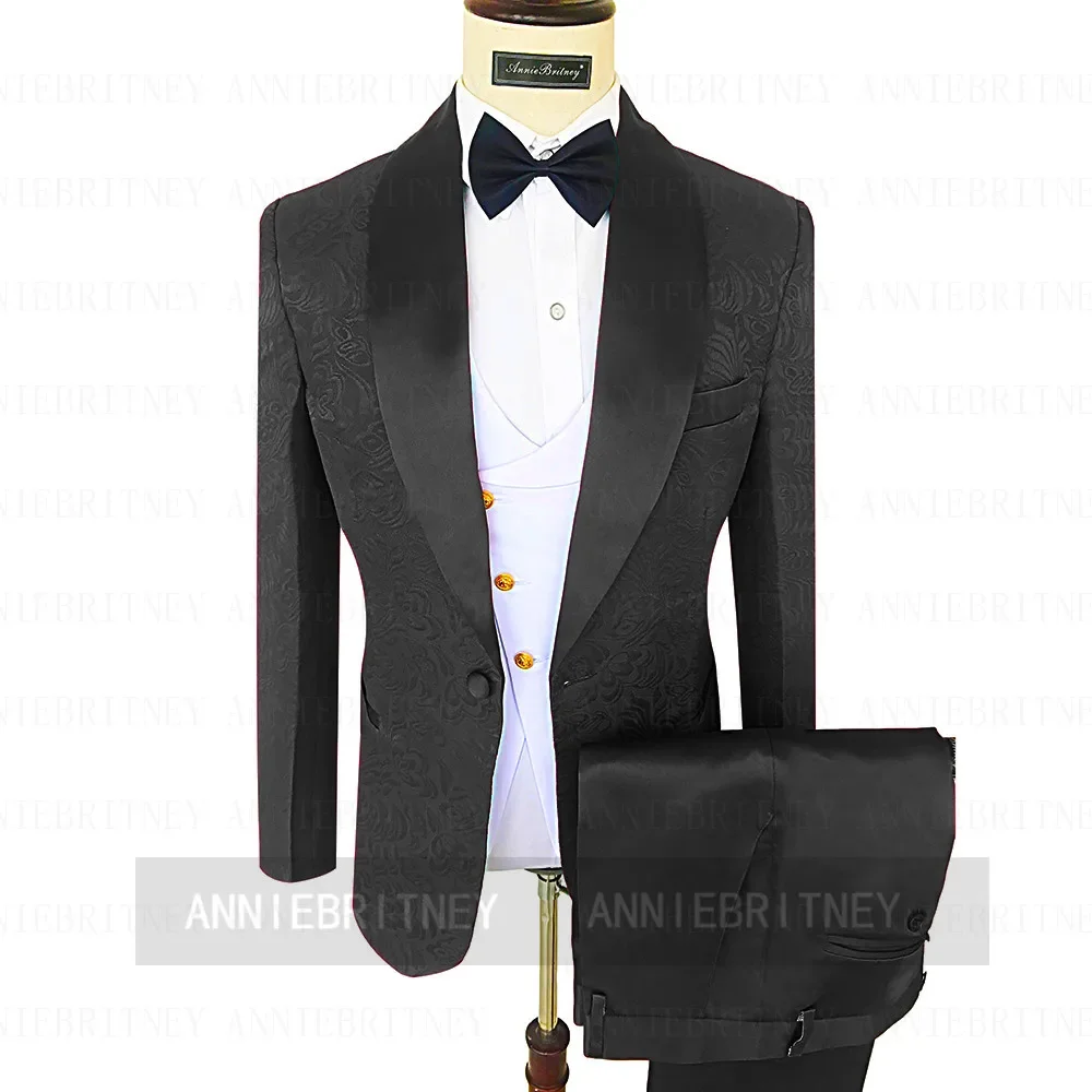Luxury Chic Black High Quality Men Suit 3 Piece Jacquard Tuxedos Formal Wedding Suit Party Skinny Blazer Custom Terno Masculino