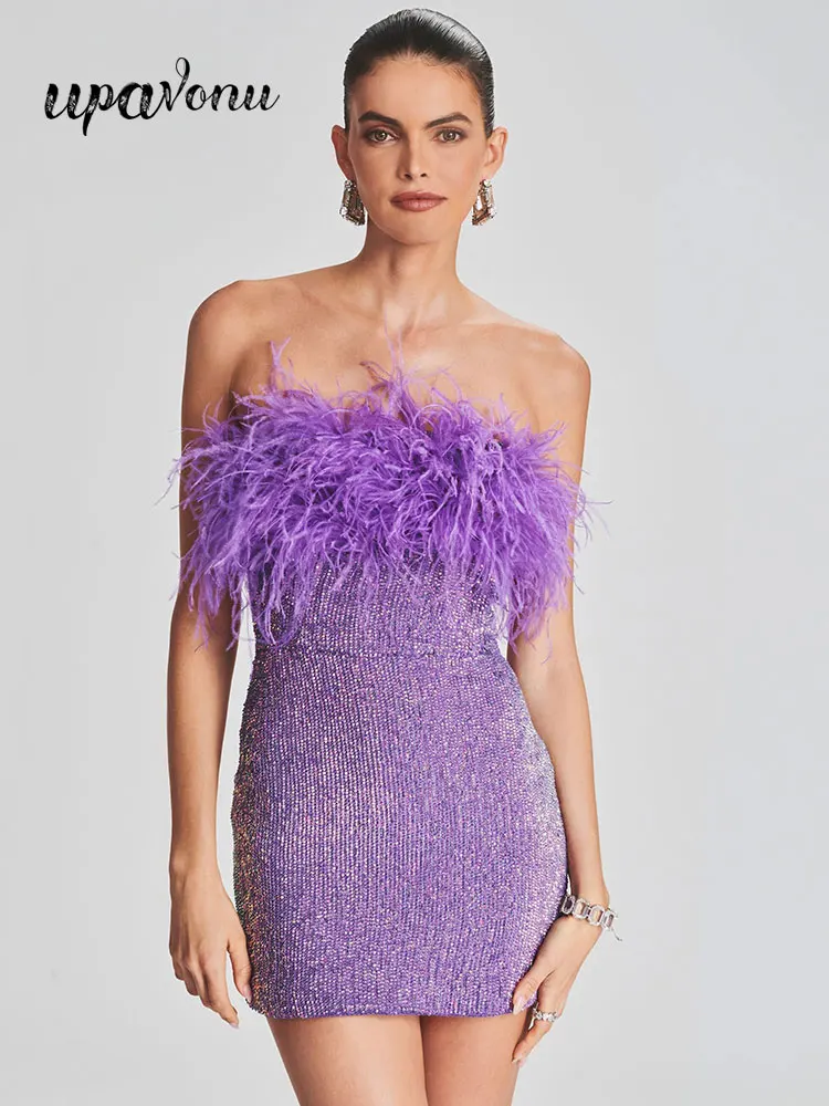 

Sexy Feather Patchwork Sequins Dress Women's Chest Wrap Sleeveless Bodycon Mini Dress Celebrity Evening Birthday Party Vestidos