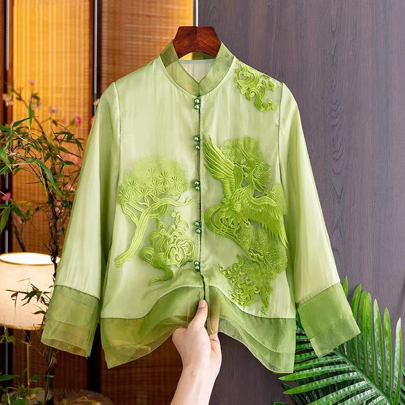 

Fashionable New Summer Standing Collar Flower And Bird Embroidery Spliced Organza Cuff Double-Breasted Lady Jacket S-XXL