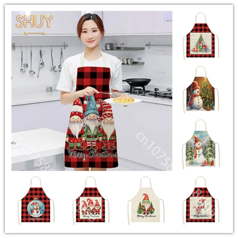 

Christmas Apron Home Kitchen Oil Proof Sleeveless Children Bib Snowman Dwarf Santa Claus Print Aprons Barber Holiday Decor Bibs