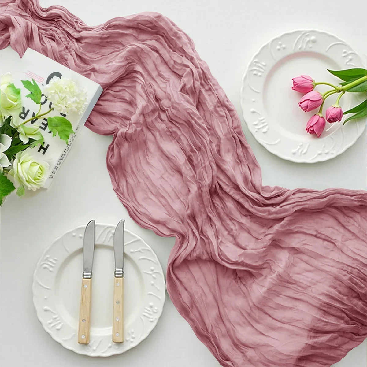 31.5IN X 118.11IN Christmas Table Runner, Rustic Polyester Cheesecloth Tableclot