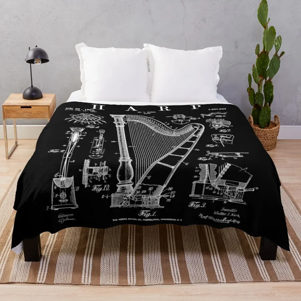 

Harp Vintage Patent Harpist Drawing Print Throw Blanket Bed Fashionable Flannel Fabric Decorative Sofas Blankets