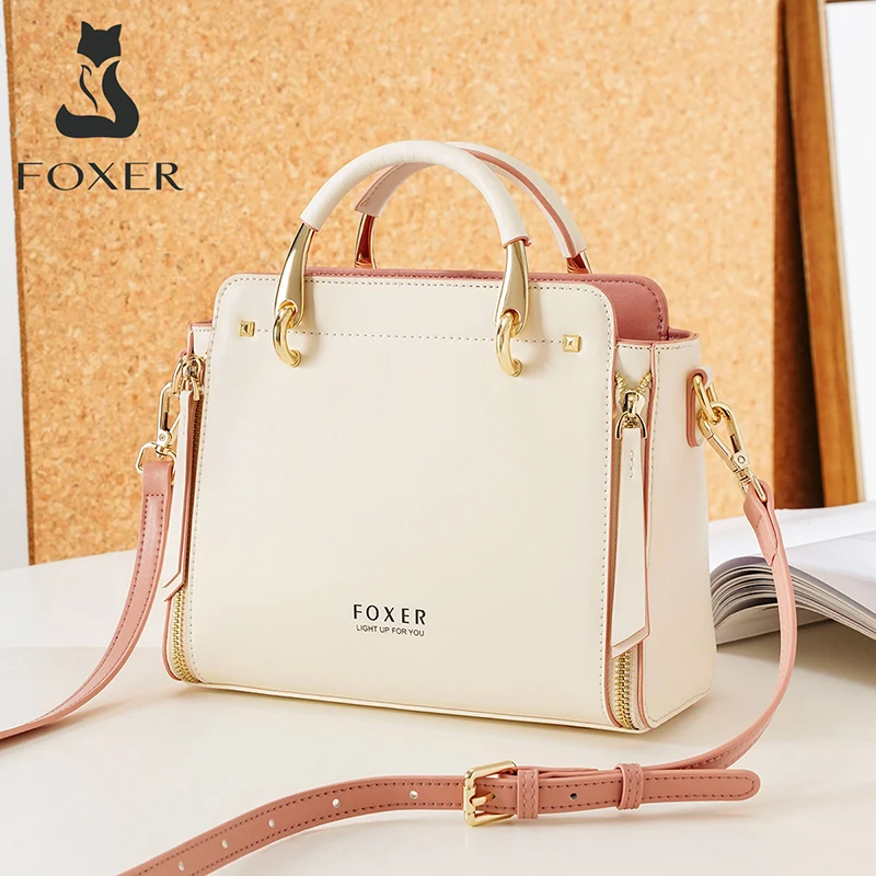 FOXER Split Leather Elegant Handbag Women Chic Tote Female Shoulder Bag Large Capacity Lady Crossbody Bag Stylish Messenger Bags images - 6