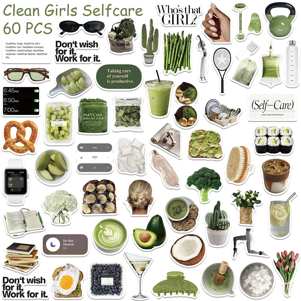 60pcs 클린 걸스 셀프케어 그래피티 스티커 데칼 (휴대폰, 노트북, 여행가방용) DIY 미적 감각 방수 스티커 창의적인 선물
