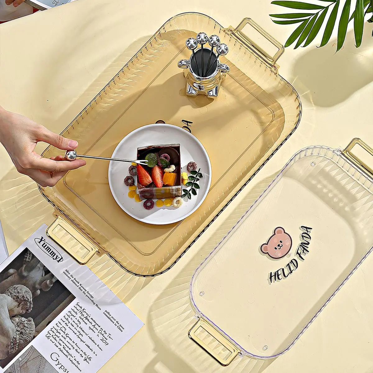 Rectangular Storage Tray With Handle Plastic Serving Tray Living Room Transparent Teapot Teacup Storage Plate