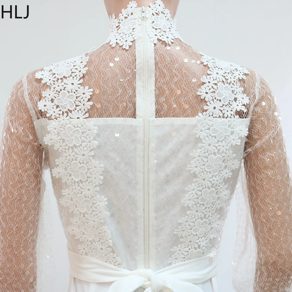 HLJ Sexy Mesh Sequin Perspective Party Club Jumpsuits Women Round Neck Long Sleeve Slim Playsuits Female Solid One Piece Overall