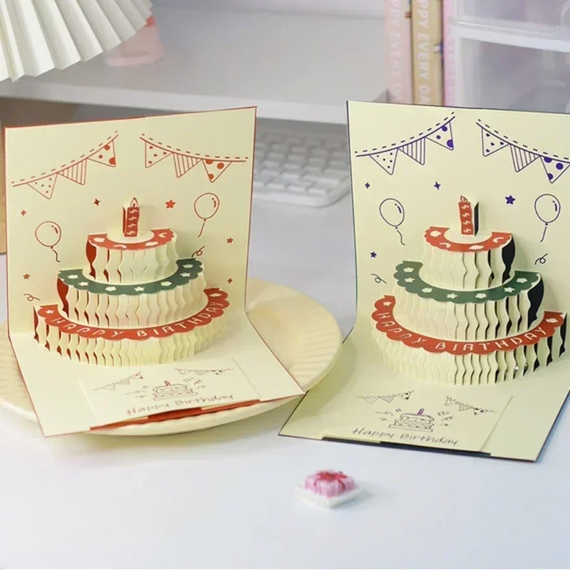 3D Musical Birthday Cake Card LED Light Pop-Up Greeting Cards Envelope All Occasion Girl Kid Wife Postcards