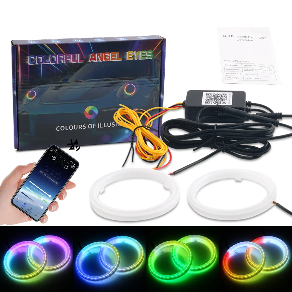 2PCS RGB Cotton LED Angel Eyes Halo Rings 60mm 70mm 80mm LED Headlight Lamps For Car UTV Motorcycle DRL Eyes APP Control 12V 24V
