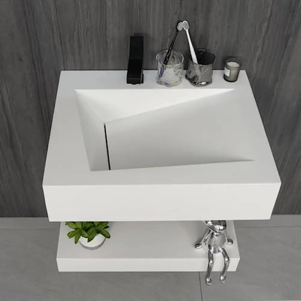 Modern Wall-Mount Rectangular Bathroom Sink Floating Vanity Shelf Set Stone Resin Vessel Sinks White Trough Drainage Smooth 4