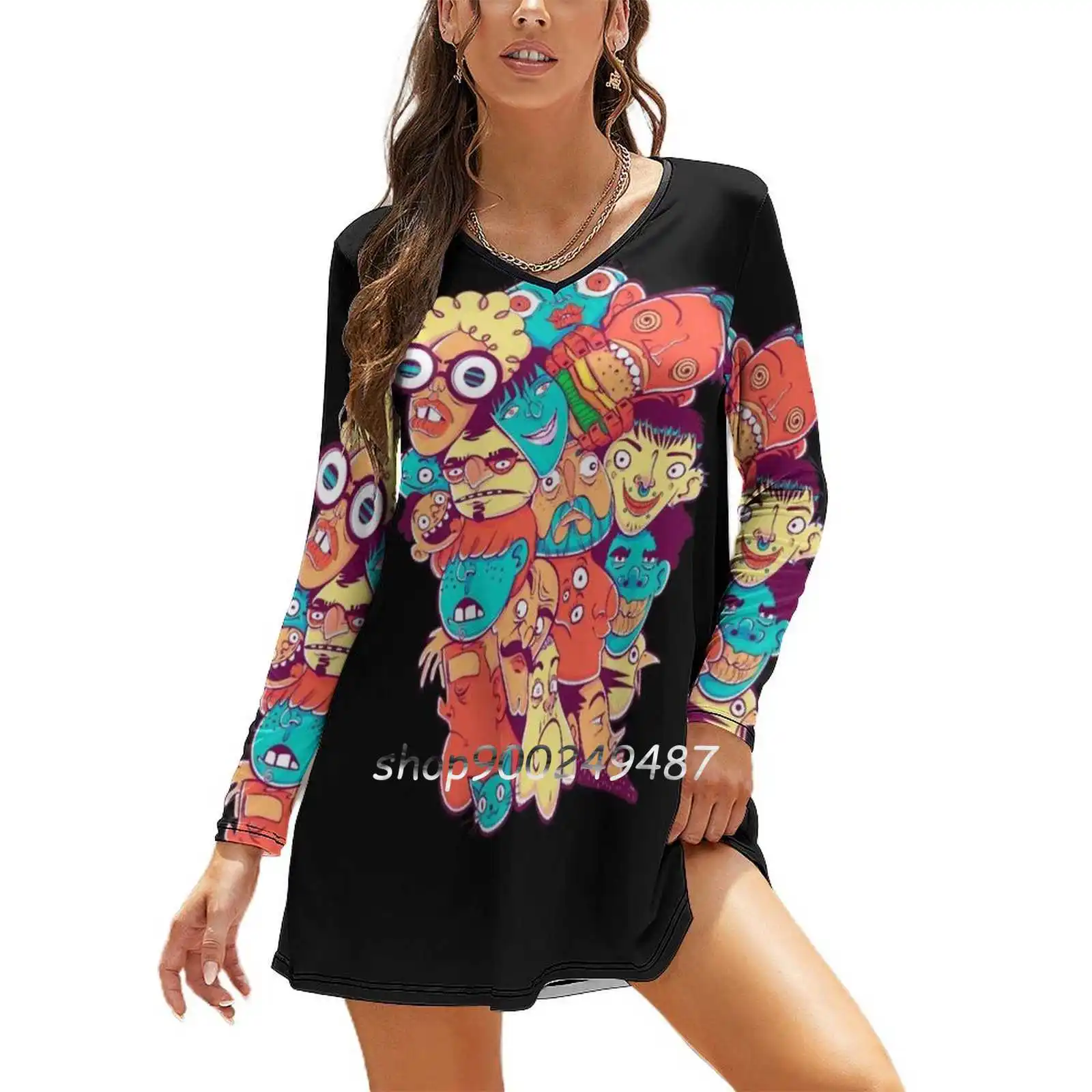 

Townfolks Women Spring Autumn Long Sleeve Dress Female Casual Dress People Faces Colorful Colors Facemask Cartoon Trendy Buying