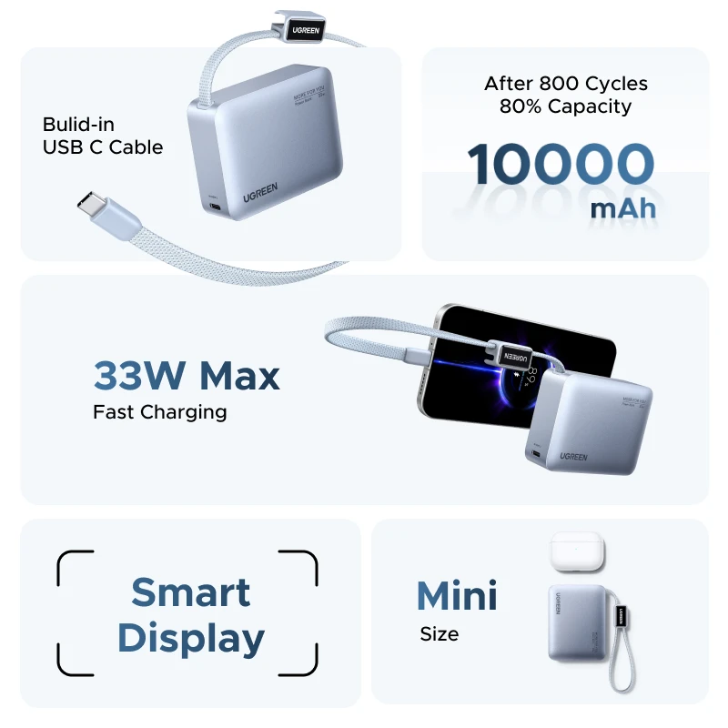 【CCC】UGREEN Mini 33W 10000mAh Power Bank כבל מובנה מסוג C PD 30W מטען תואם לסוללה חיצונית של Xiaomi 33W