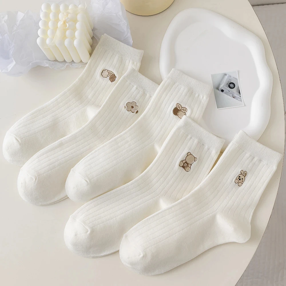 Round neck socks 5 Pairs Women's Round Neck Socks Autumn Winter Cute Cartoon Breathable Fashion Soft Medium Tube Aocks