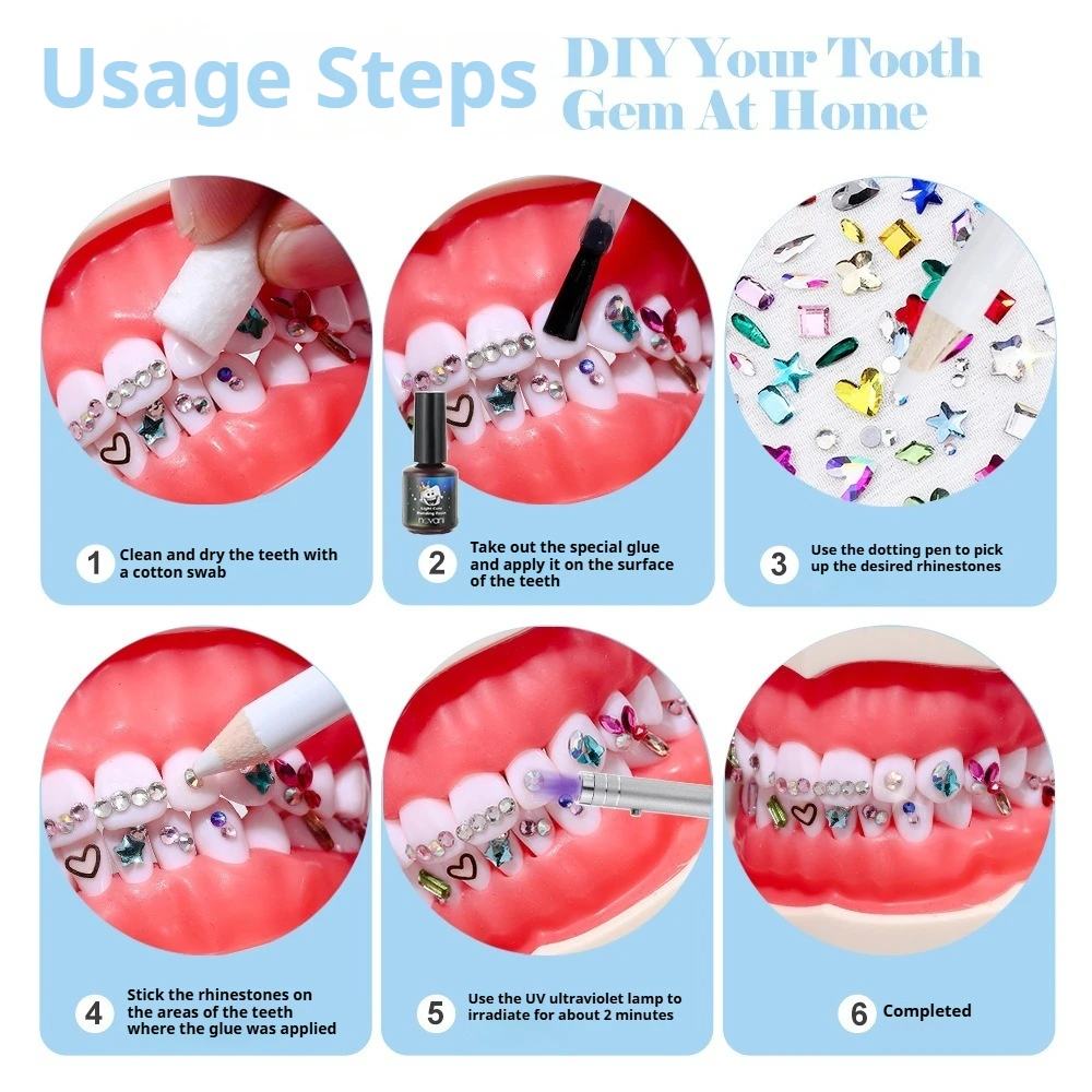 치아 장 크리스탈 치아 DIY 보석 키트 10가지 모양 크리스탈 보석 혼합 색상 치아 장신구 도구 세트 화이트 블링 크리스탈