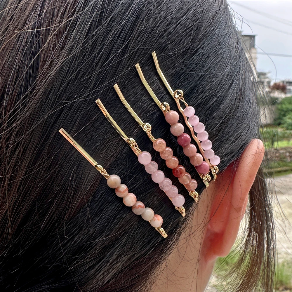 여성용 천연 스톤 비즈 머리핀, 자수정 핑크 석영 마노 크리스탈 헤어 클립, 바레트 헤어 액세서리, 4mm, 세트당 5 개