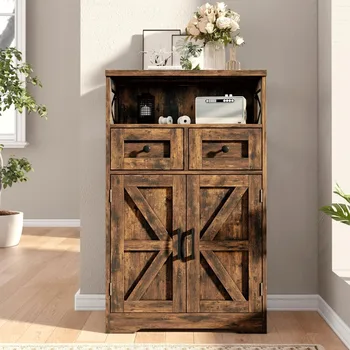 Rustic Kitchen Storage Cabinet with Drawers and Shelves, Dining Room Floor Hutch for Pantry Organization 3