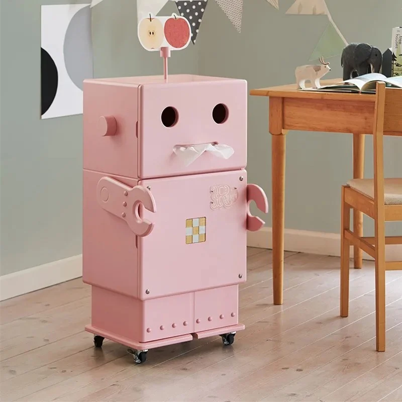 

Solid Wood Children's Bookcase Robot Cartoon Storage Cabinet Locker Sofa Living Room Side Cabinet Movable with Wheels