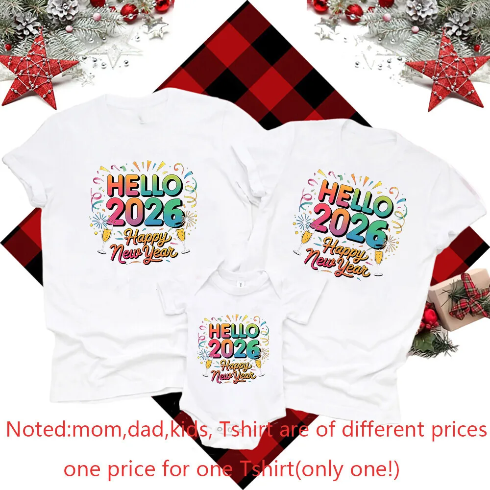 Hello 2026 Happy New Year Family T-Shirts | Matching Holiday Outfits | Dad Mom Kids Tees & Baby Romper Party Look