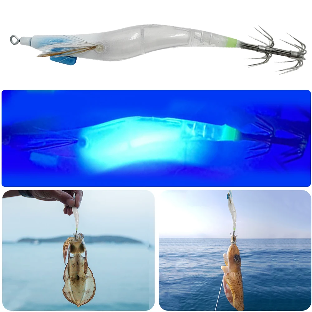 Fishing Lure Luminous Hard Shrimp Bait Simulation with Squid Jig Hook UV Wood Egi for Octopus Cuttlefish