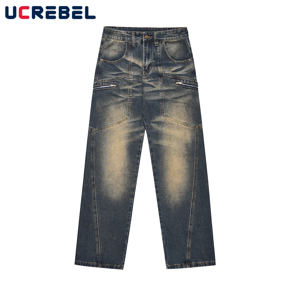 

Hip Hop Streetwear Spliced Casual Denim Pants Mens Retro Washed Zipper Decoration Straight-leg Jeans Men