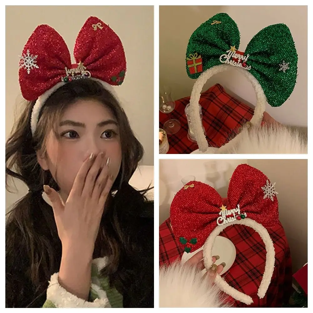 

Shiny Bowknot Hair Hoop Sweet Plush Snowflower Christmas Headband Head Wrap Korean Style Christmas Hairband Cosplay