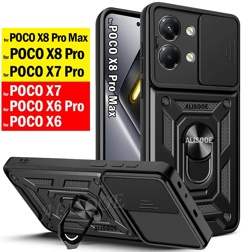 Armor Slide Camera Lens Protection Back Cover with Ring Stand - Shockproof Case