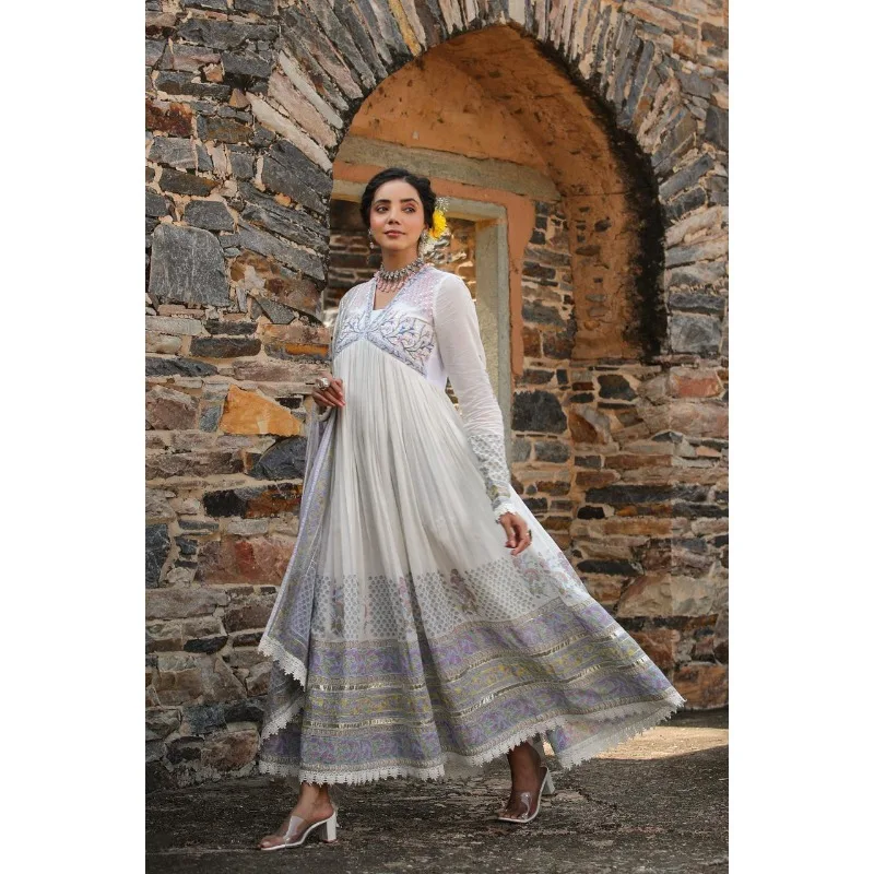 Cotton Malmal Embroidery Work Anarkali Long Dress Kurti Pants Dupatta