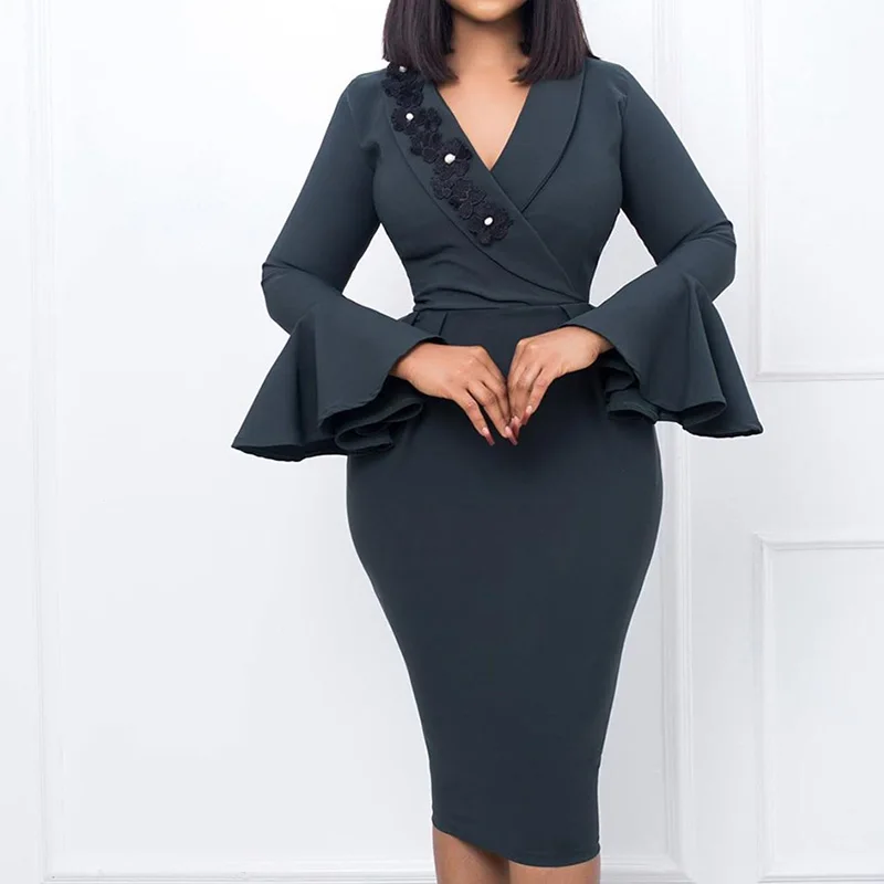 Temperament V-Neck Three-dimensional Decoration Flare Long Sleeve Slim Pencil Skirt Elegant Bag Hip Split Solid Plus Size Dress