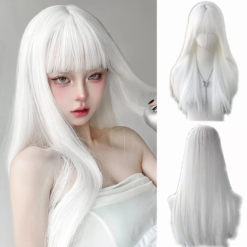 Synthetic White Long Straight Wigs Colorful Cosplay Party Fake Hair with Bangs White lolita Wig for Women party daily use